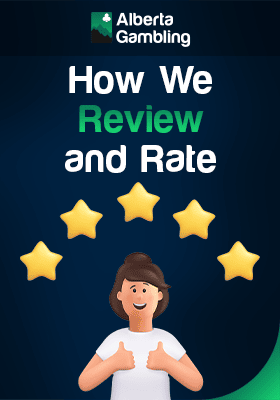 An excited person with a 5-star review and rating process of online casinos