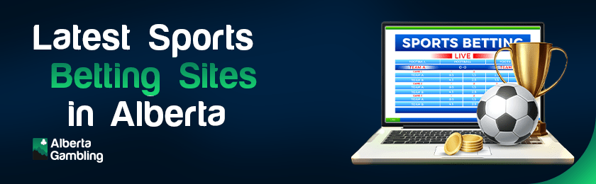 Live new sports betting site on a laptop with a sports ball, casino chips and a trophy