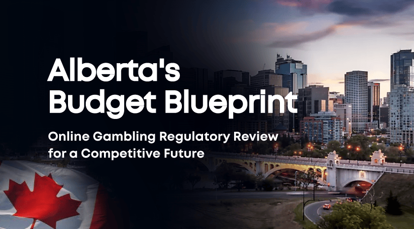 A graphic featuring a night view of Alberta's cityscape with the Canadian flag in the foreground. Bold text overlay reads 'Alberta's Budget Blueprint: Online Gambling Regulatory Review for a Competitive Future'.