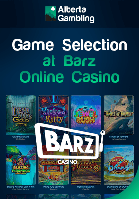 Barz Casino gaming library showing in the background with their logo in the front of it