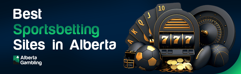 A deck of cards, a roulette machine, a slot machine and sports items for best sports betting sites in Alberta