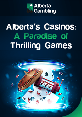 A futuristic UFO with a casino reel, cards and some chips and coins for explore Alberta's best casinos