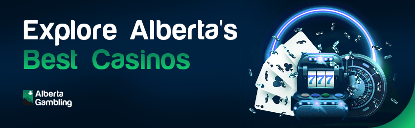 A roulette machine, casino reels, a deck of cards and some chips and coins for explore Alberta's best casinos