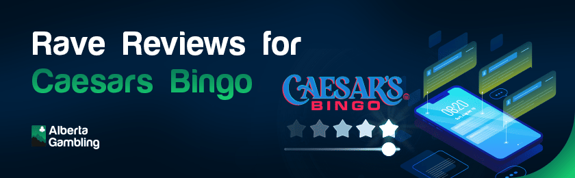 Some star ratings and comments on a mobile phone for rave reviews for Caesars Bingo