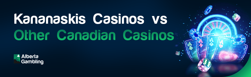 A roulette machine, casino reels, a deck of cards and some chips for Kananaskis casinos vs other Canadian casinos
