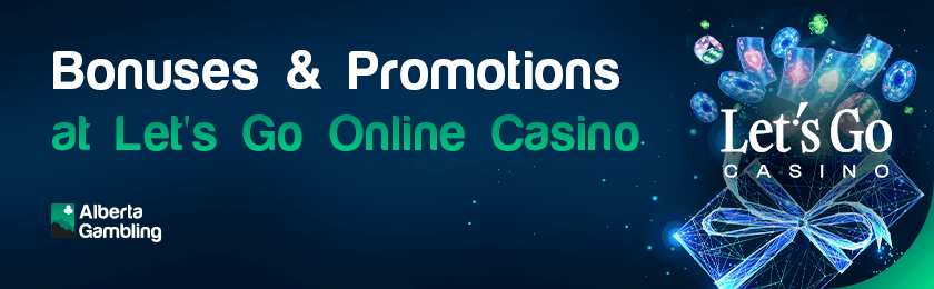 Different gaming items with a casino logo for Let'sGo Casino bonuses and promotions