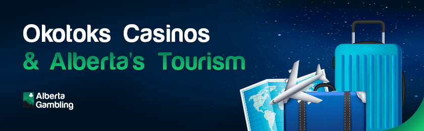Travel luggage and map for the impact of Okotoks Casinos in Alberta's tourism