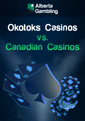 A big spade, some playing cards and chips for comparison of Okotoks casinos vs. Canadian casinos