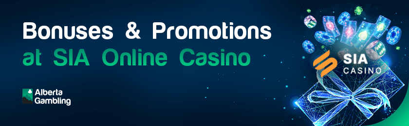 Different casino gaming items with a wrapped gift box for SIA Casino bonuses and promotions