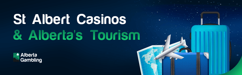 Travel luggage and map for the impact of St Albert Casinos in Alberta's tourism
