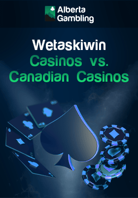 A big spade, some playing cards and chips for comparison of Wetaskiwin casinos vs. Canadian casinos